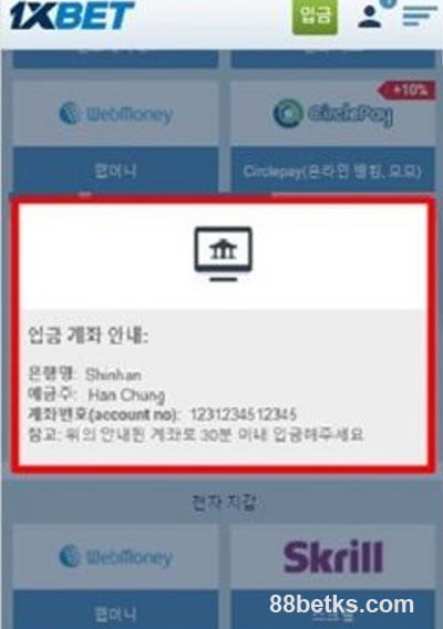 4단계:완료 확인 1XBET 입금